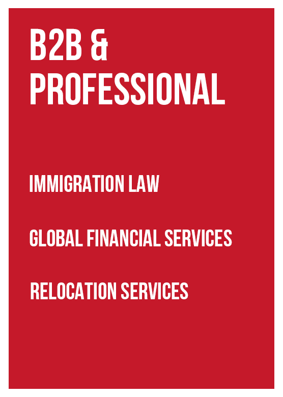 B2B and professional advertising sectors including immigration law, global financial services, and relocation services for expat marketing