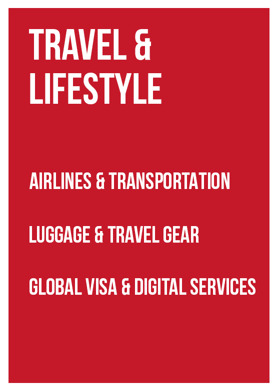 Travel and lifestyle advertising sectors including airlines, luggage and travel gear, and global visa and digital services for expats